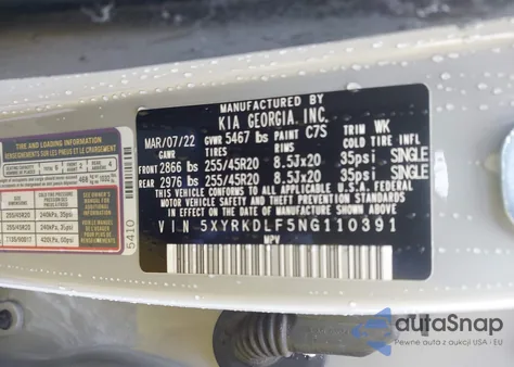 2022 Kia Sorento Sx z USA, uszkodzony, nr VIN 5XYRKDLF5NG110391